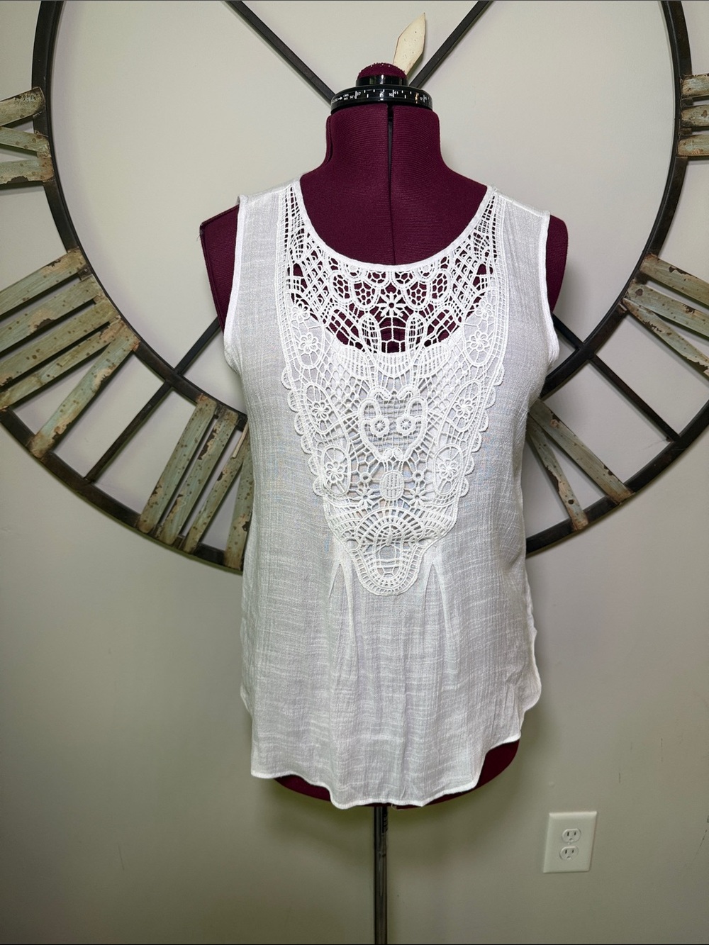 New Direction Sleeveless White Crochet Front Tank Top